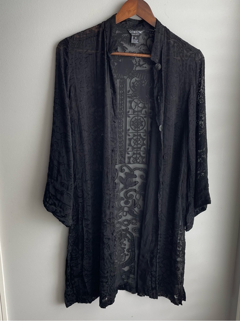 Citron Santa Monica Black Sheer Floral Silk Blend Blouse Dress Button Up sz S